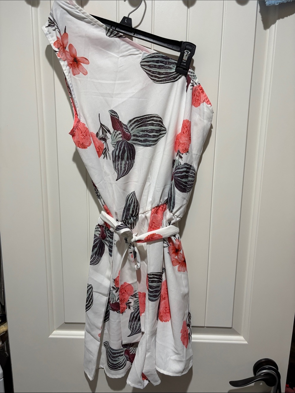One-Shoulder White Floral Jumpsuit with Tie Waist